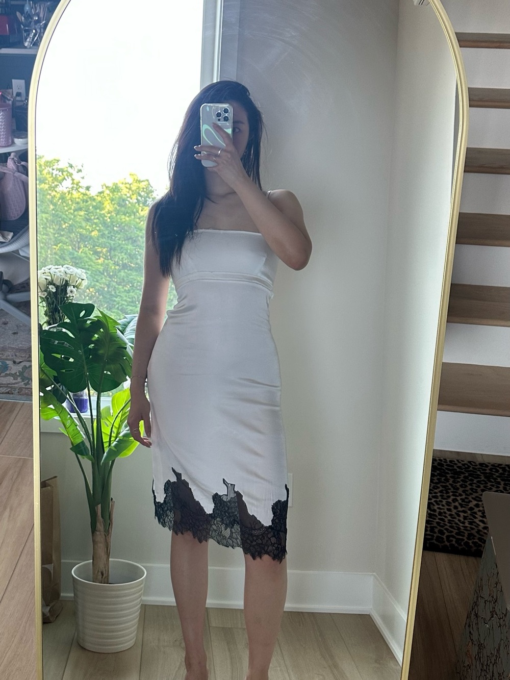 Zara Double Spaghetti Straps White Midi Dress with Black Lace Hem size XS
